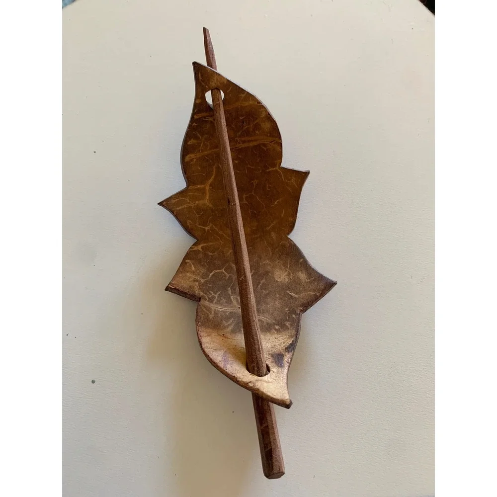VTG Hand Carved Coconut Flower Leaf Hair Slide Barrette Stick Pin Boho Accessory